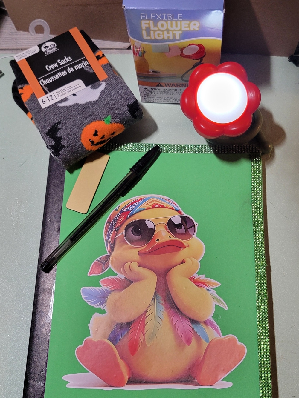 Funky Duck Re-purposed Notebook, Light Socks,bookmark and A Pen!